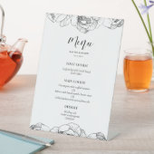 Zwart-witte pioenen elegante bruiloft menu reclamebord met voetstuk (Insitu)