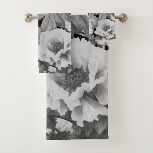 Zwart & Witte Pioenen Waterverf Bloemen Bad Handdoek (Insitu)