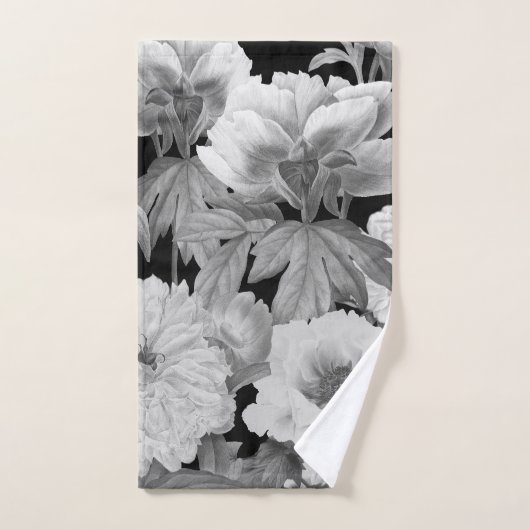 Zwart & Witte Pioenen Waterverf Bloemen Bad Handdoek (Handdoek)