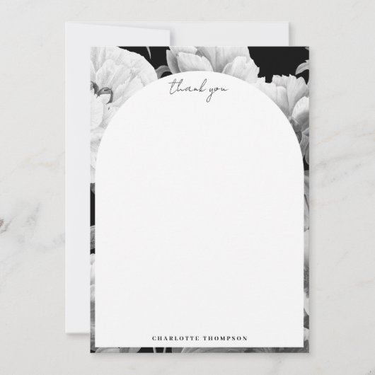 Zwart & Witte Pioenen Waterverf Bloemen Bedankkaart (Voorkant)