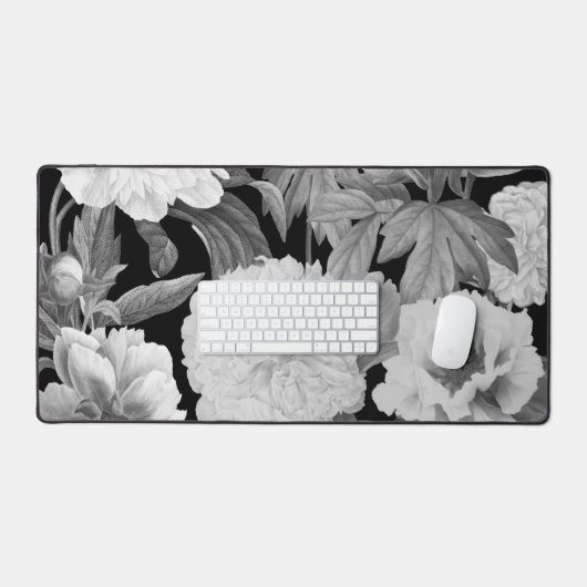 Zwart & Witte Pioenen Waterverf Bloemen Bureaumat (Keyboard & Muis)