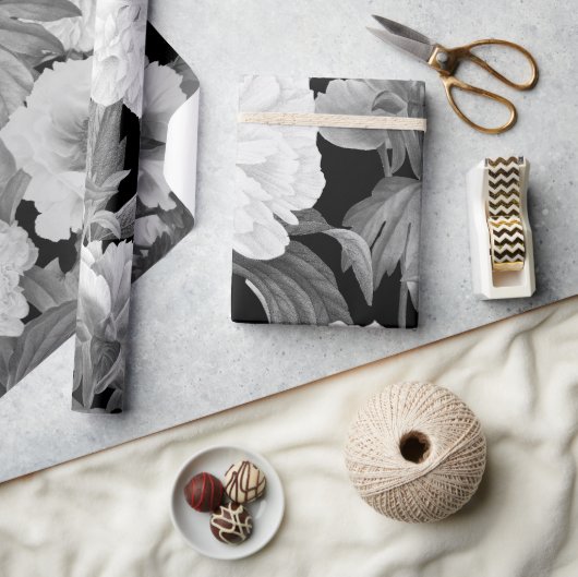 Zwart & Witte Pioenen Waterverf Bloemen Cadeaupapier (Crafts)
