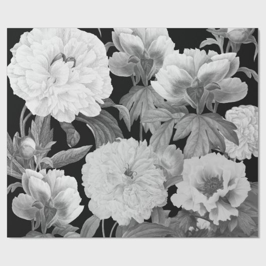 Zwart & Witte Pioenen Waterverf Bloemen Cadeaupapier (Vlak)