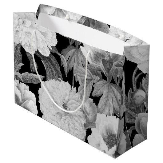 Zwart & Witte Pioenen Waterverf Bloemen Groot Cadeauzakje (Achterkant Gekanteld)