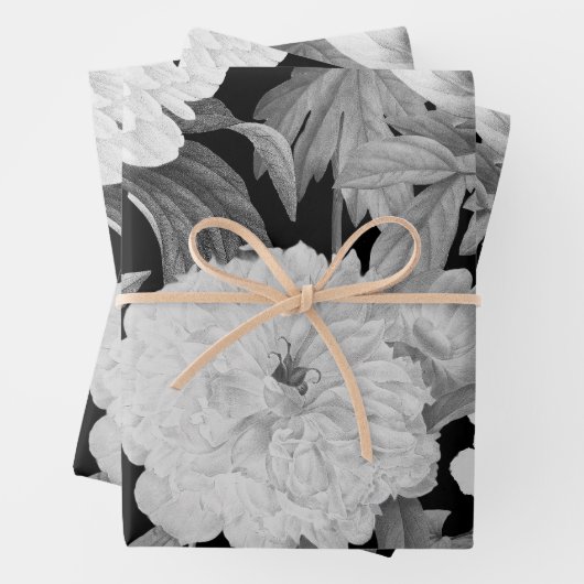 Zwart & Witte Pioenen Waterverf Bloemen Inpakpapier Vel (In situ)
