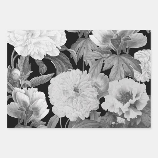 Zwart & Witte Pioenen Waterverf Bloemen Inpakpapier Vel