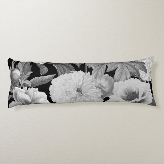 Zwart & Witte Pioenen Waterverf Bloemen Lichaamskussen (Achterkant)