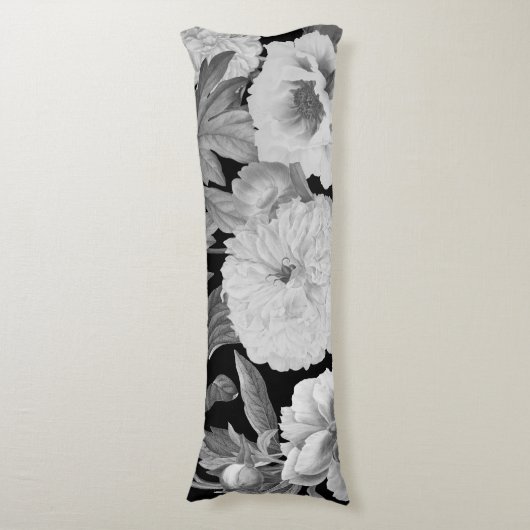 Zwart & Witte Pioenen Waterverf Bloemen Lichaamskussen (Voorkant Verticaal)