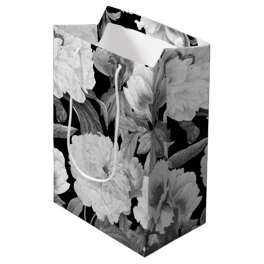 Zwart & Witte Pioenen Waterverf Bloemen Medium Cadeauzakje (Voorkant Gekanteld)