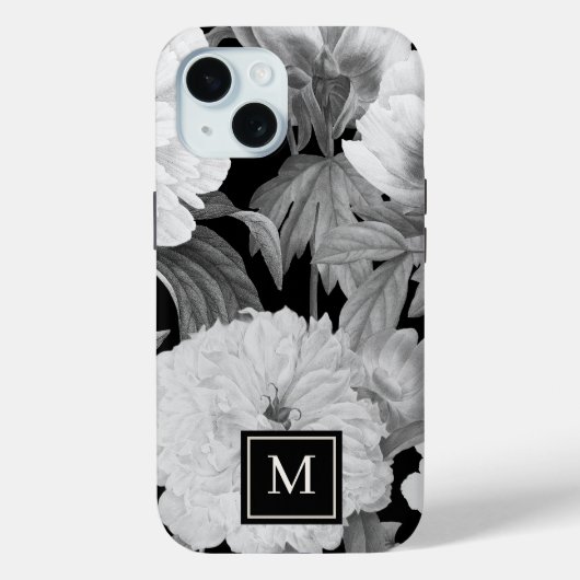 Zwart & Witte Pioenen Waterverf Bloemen Monogram Case-Mate iPhone Case (Achterkant)