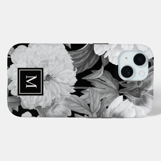 Zwart & Witte Pioenen Waterverf Bloemen Monogram Case-Mate iPhone Case (Achterkant (horizontaal))