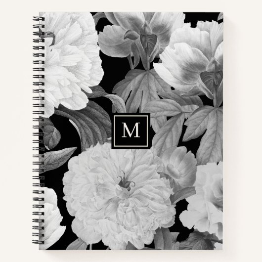 Zwart & Witte Pioenen Waterverf Bloemen Monogram Notitieboek (Voorkant)