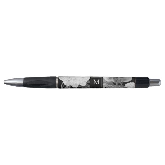 Zwart & Witte Pioenen Waterverf Bloemen Monogram Pen (Voorkant)