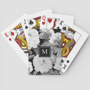 Zwart & Witte Pioenen Waterverf Bloemen Monogram Pokerkaarten