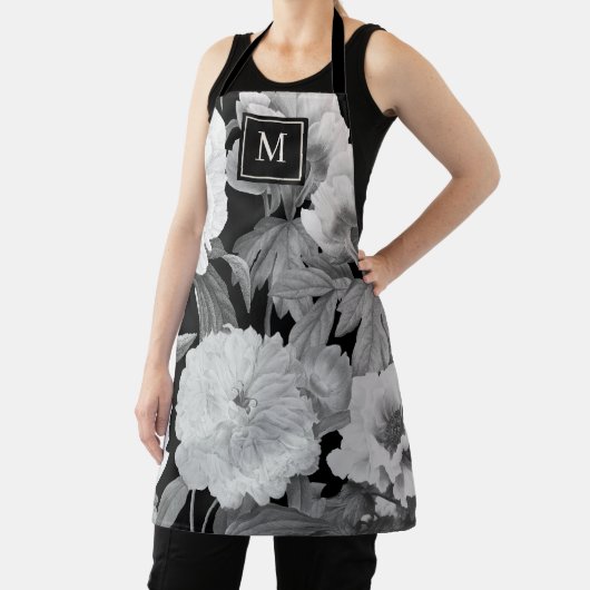 Zwart & Witte Pioenen Waterverf Bloemen Monogram Schort (Insitu)