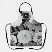 Zwart & Witte Pioenen Waterverf Bloemen Monogram Schort (Voorkant)