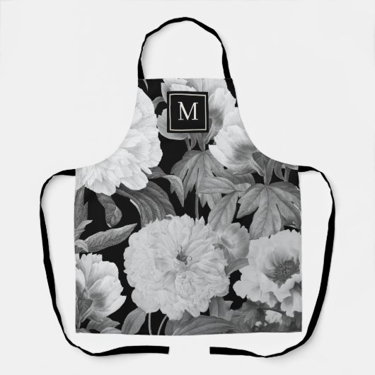 Zwart & Witte Pioenen Waterverf Bloemen Monogram Schort (Voorkant)