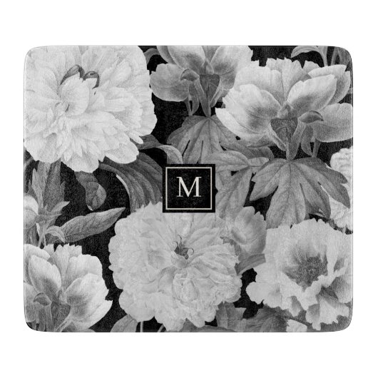 Zwart & Witte Pioenen Waterverf Bloemen Monogram Snijplank (Voorkant)