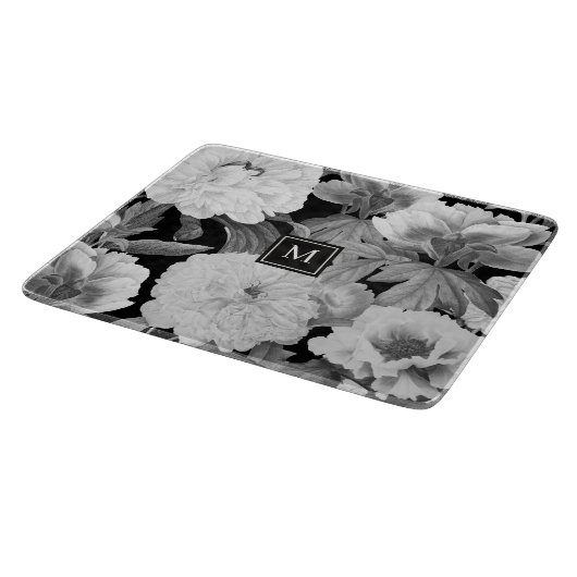 Zwart & Witte Pioenen Waterverf Bloemen Monogram Snijplank (Hoek)