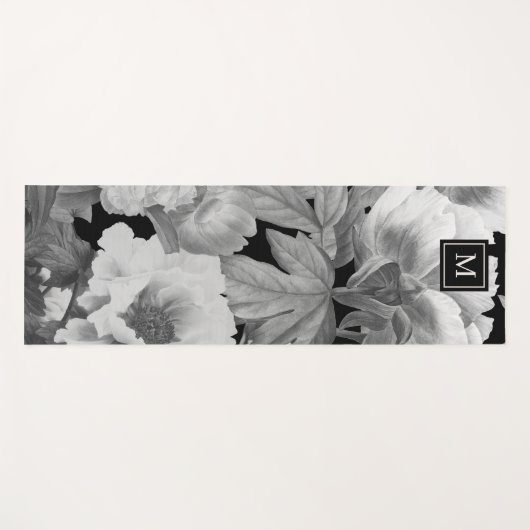 Zwart & Witte Pioenen Waterverf Bloemen Monogram Yogamat (Voorkant (horizontaal))