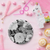 Zwart & Witte Pioenen Waterverf Bloemen Papieren Bordje (Feest)