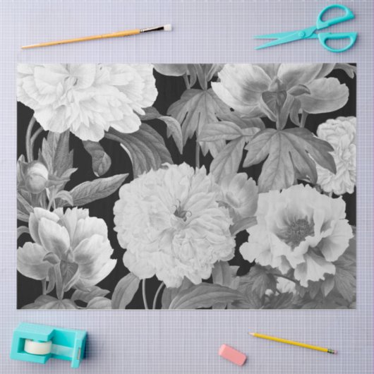 Zwart & Witte Pioenen Waterverf Bloemen Tissuepapier (Craft)