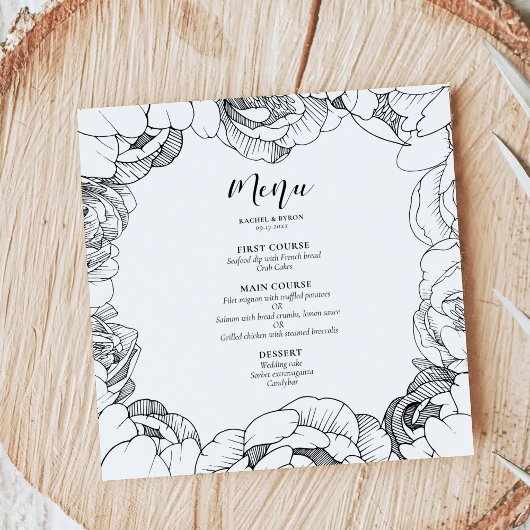 Zwart-witte pioenrozen elegante bruiloft menu