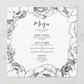 Zwart-witte pioenrozen elegante bruiloft menu (Voorkant)