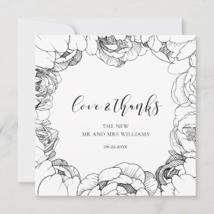 Zwart-witte pioenrozen elegante Love & Thanks kaar Bedankkaart