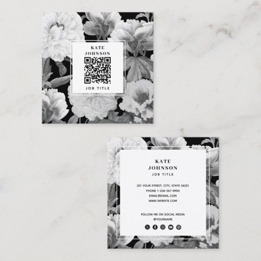 Zwart & Witte Pioenrozen Waterverf Bloemen QR Code Vierkante Visitekaartje (Voorkant / Achterkant)