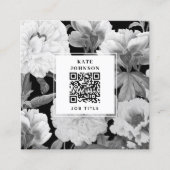 Zwart & Witte Pioenrozen Waterverf Bloemen QR Code Vierkante Visitekaartje (Voorkant)