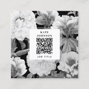 Zwart & Witte Pioenrozen Waterverf Bloemen QR Code Vierkante Visitekaartje