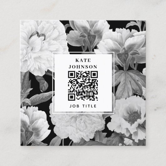 Zwart & Witte Pioenrozen Waterverf Bloemen QR Code Vierkante Visitekaartje (Voorkant)