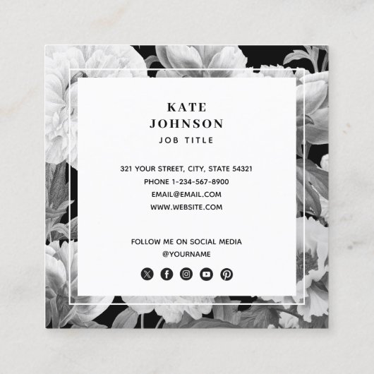 Zwart & Witte Pioenrozen Waterverf Bloemen QR Code Vierkante Visitekaartje (Achterkant)