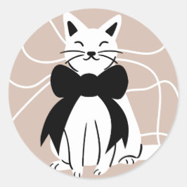 Zwart-witte poes met abstracte lijn ronde sticker