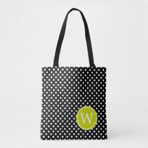 Zwart-witte poka dot met kalkgroene monogram tote bag