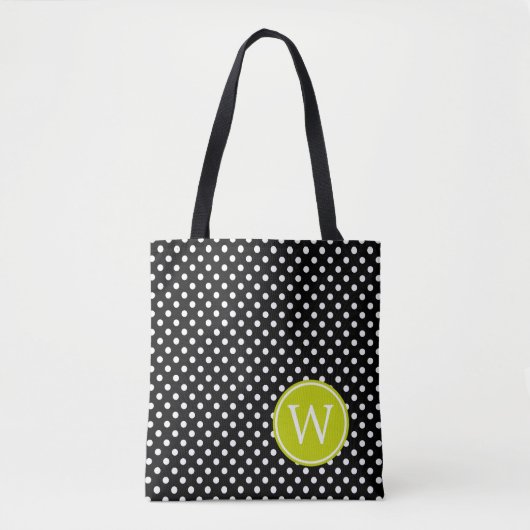 Zwart-witte poka dot met kalkgroene monogram tote bag (Voorkant)