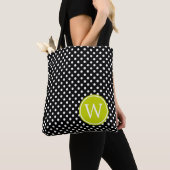 Zwart-witte poka dot met kalkgroene monogram tote bag (Dichtbij)
