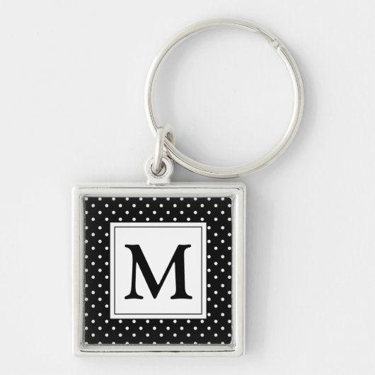 Zwart-witte poka Dot Modern Monogram Sleutelhanger (Voorkant)