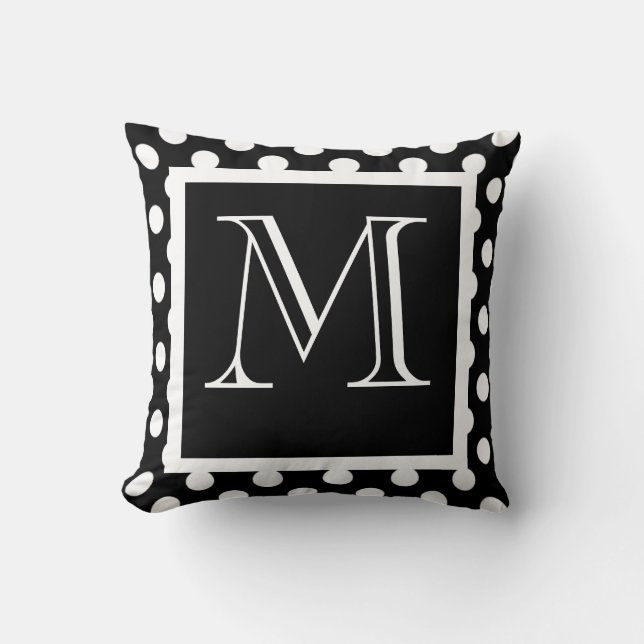 Zwart-witte poka Dot Monogrammed Pillow Kussen (Voorkant)