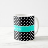 Zwart-witte poka Dots Aqua Name Monogram7 Koffiemok (Voorkant rechts)