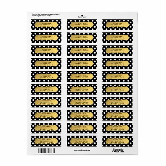 Zwart-witte poka Dots Gold Foil Glam Party Etiket (Full Sheet)
