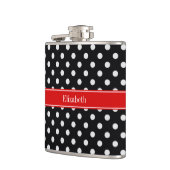 Zwart-witte poka Dots Rode naam Monogram Heupfles (Links)