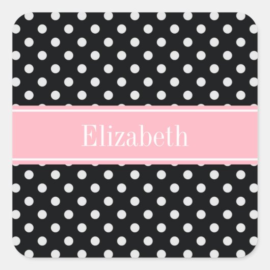 Zwart-witte poka Dots Roze naam Monogram Vierkante Sticker (Voorkant)