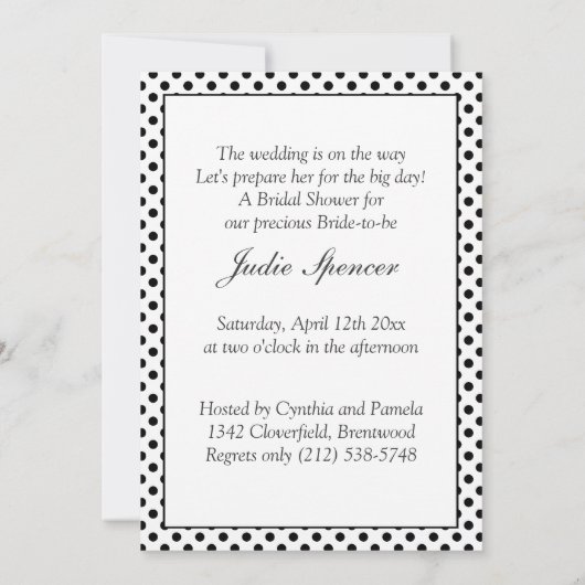 Zwart-witte poka punt Bridal-douche Uitnodiging (Achterkant)