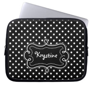 Zwart-witte pokadots met naamtag laptop sleeve