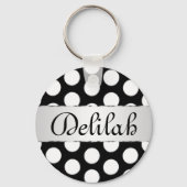 Zwart-witte pokadots naam monogram sleutelhanger (Voorkant)