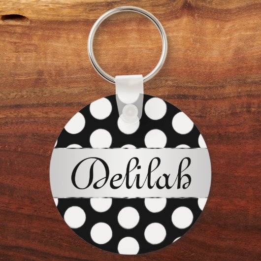Zwart-witte pokadots naam monogram sleutelhanger (Voorkant)