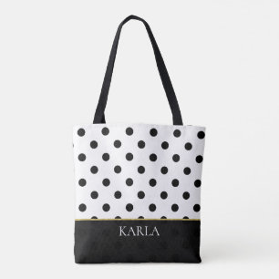 Zwart-witte polka stippen patroon monogram tote bag