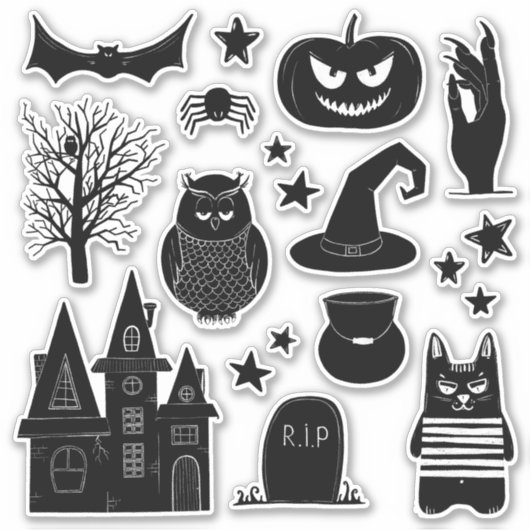Zwart-witte pompoen, heks, uil. Halloween Sticker (Voorkant)